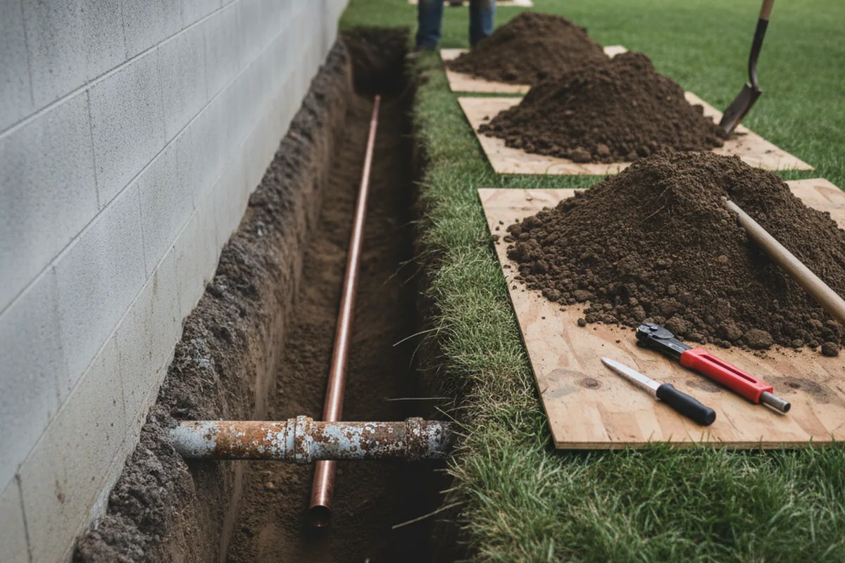 Excavated water line trench during Sewer Line Repair in Burtonsville